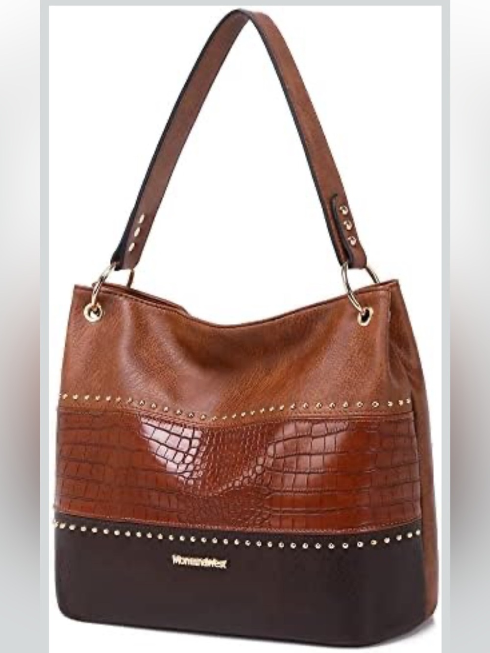 Montana West Two-Tone Brown Leather & Croc-Embossed Shoulder Bag with Gold Studs